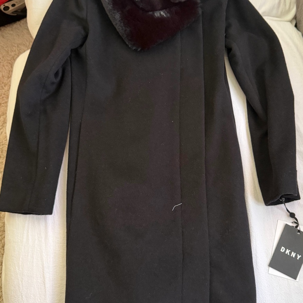 DKNY Black Trench Coat with Faux Fur Collar